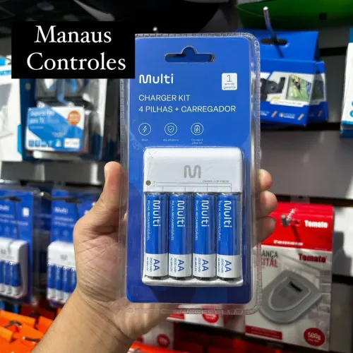 Kit Carregador de Pilhas Recarregáveis AA + pilhas