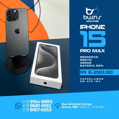 iPhone 15 Pro Max  256GB Preto Saúde de bateria 93% R$ 6.250,00 | Loja Física |