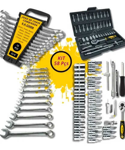 Kit de Ferramentas 58 Peças Completo | Chaves Combinadas + Catraca + Soquetes