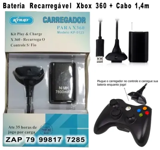 Kit 1 Bateria P/ Controle Xbox 360 + 1 Cabo Carregador 1.4m