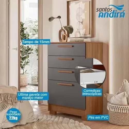 Comoda 4 gavetas Aruba Jatobá Grafite Acetinado - Entrega e montagem grátis