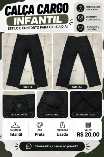 Calça Cargo Infantil Preta - R$ 20