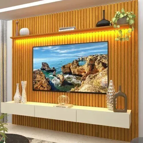 Painel para TV até 90 Polegadas 229x250cm Ripado com LED 3 Gavetas 100% MDF - Gelius