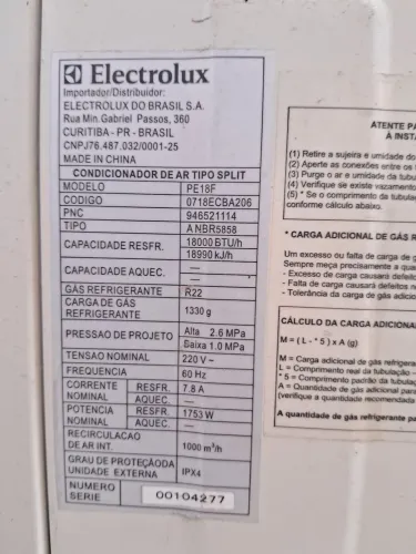 Condensadora ar condicionado Eletrolux 18000 Btus modelo Pe18f