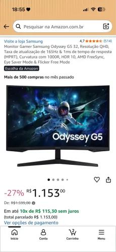 Monitor gamer Samsung Odyssey G5 ( comprado em maio 26)