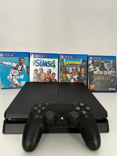 PS4 Slim 1TB + Controle + 4 Jogos + Caixa Completa