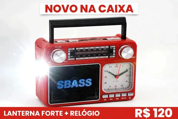 Rádio portátil com lanterna e relógio 