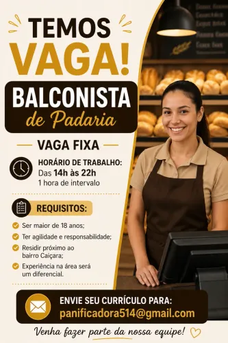 Vaga para Balconista de padaria