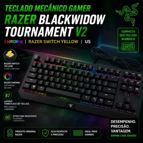 Teclado Mecânico Gamer Razer BlackWidow Tournament V2, Chroma, Razer Switch Yellow, US