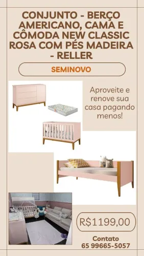 Berço Americano e Cômoda New Classic Rosa com Pés Madeira e Colchão - Reller