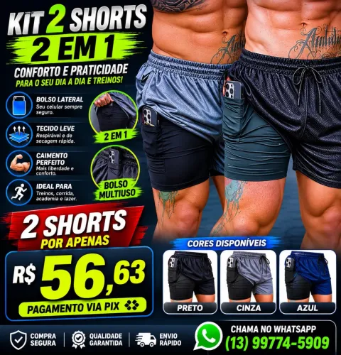 Kit 2 Shorts Masculino 2 Em 1 Academia Corrida Treino Bolso Celular