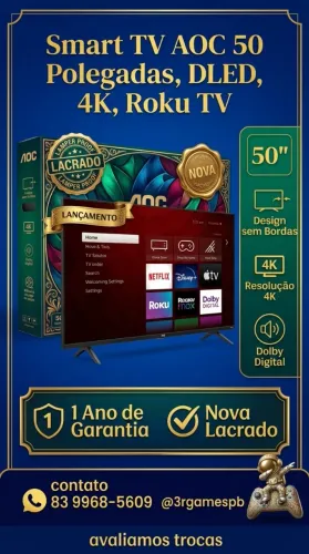 Smart TV AOC 50 Polegadas, DLED, 4K, Roku TV