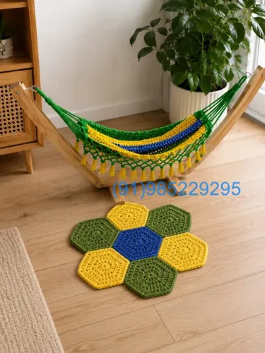 kit rede crochê + suporte de madeira + tapete para cães ou gatos