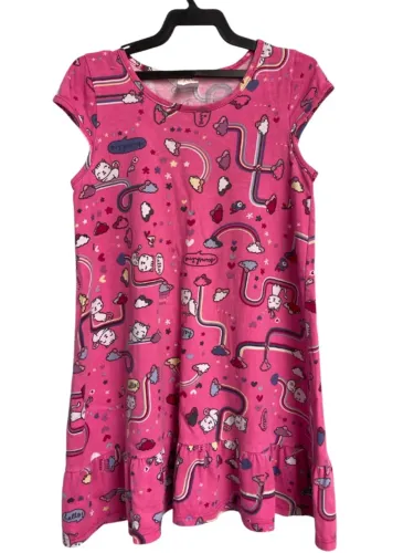 Vestido Infantil Rosa com Estampa de Gatinhos e Arco-íris, Tamanho 6