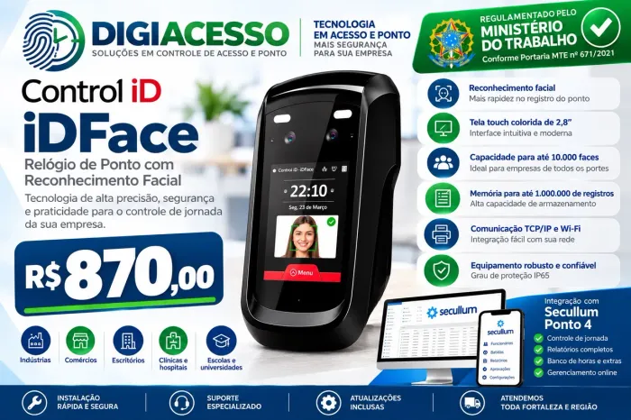 RELÓGIO DE PONTO FACIAL CONTROL ID FACE - NOVO