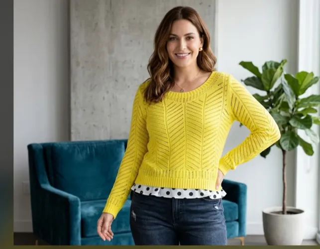 Blusa Feminina Tricot Amarelo M Veste Até 49cm Busto Blusa Leve Meia Estação