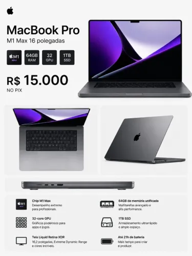 MacBook Pro 16 M1 Max 64GB RAM 1TB SSD Apple GPU 32 núcleos