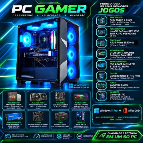 Pc Gamer Rtx 3050 + Ryzen 5 5500 | 24gb Ram 3600mhz NVMe M.2 Adata Legend 710 512 Gb