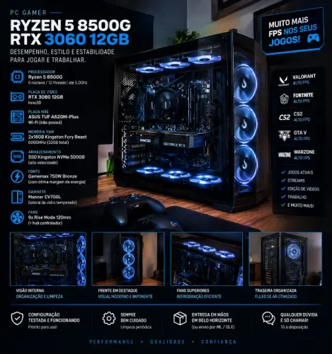 PC Gamer RTX 3060 12GB + Ryzen 5 8500G + 32GB RAM
