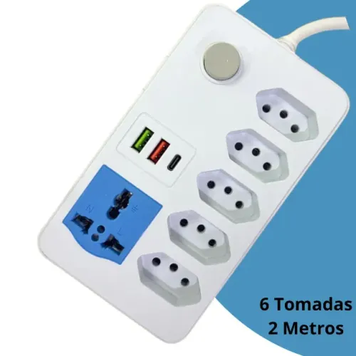 Extensão Elétrica 6 Tomadas + 2 USB Cabo 2m Bivolt Branco - Filtro Linha Carregador 