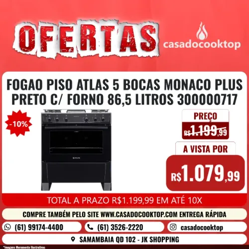 FOGAO PISO ATLAS 5 BOCAS MONACO PLUS PRETO C/ FORNO 86,5 LITROS