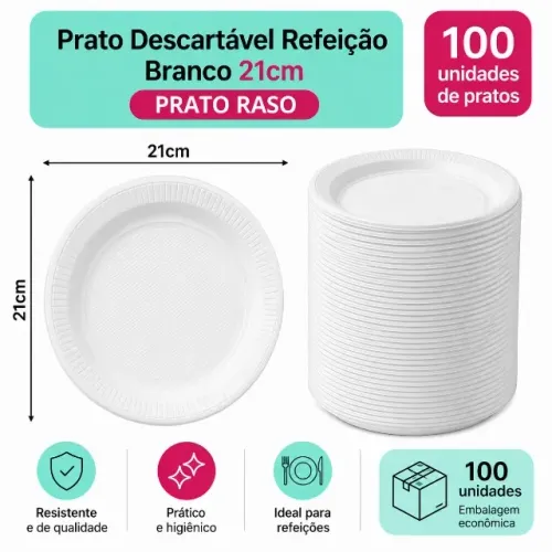 Prato Refeição Descartavel 21cm Raso Caixa C/ 100 Unidades