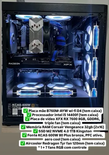 PC Gamer RX7600 XFX, i5 14400F, 32GB RAM Corsair, SSD 1TB NVME, B760M - TUDO COM CAIXA