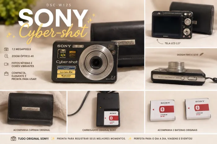 Sony Cyber-shot DSC-W125 + 2 Baterias Originais + Carregador + Capinha | Kit Completo