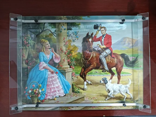 Bandeja Decorativo Clássico Moldura de Vidro * Anos 50 * Vintage Raridade  Colecionador 