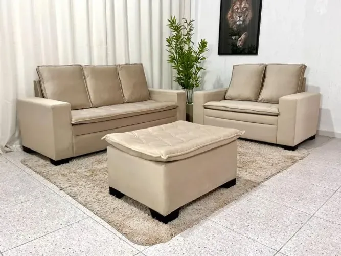 Sofá 3 e 2 lugares Ibiza com Puff Veludo Bege Larg. 1.86m- Entrega Rápida