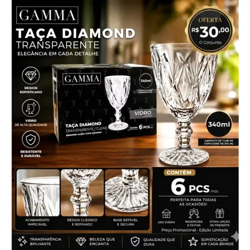Jogo De Taças Diamond Vidro Transparente 340ml Gamma - 6 Pçs