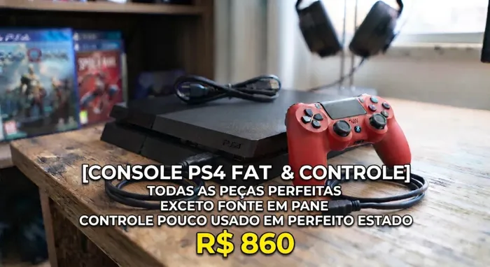 PS4 FAT COM FONTE COM DEFEITO MAIS CONTROLE VERMELHO POICO USO EM PERFEITO ESTADO 