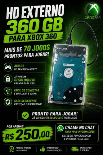 HD externo com case 320 gb com mais de 70 jogos do Xbox 360