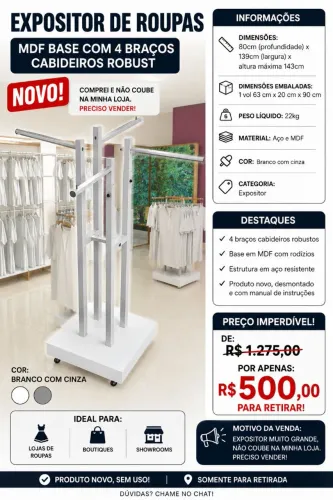 Expositor de roupas Mdf base com 4 braços cabideiros robust 