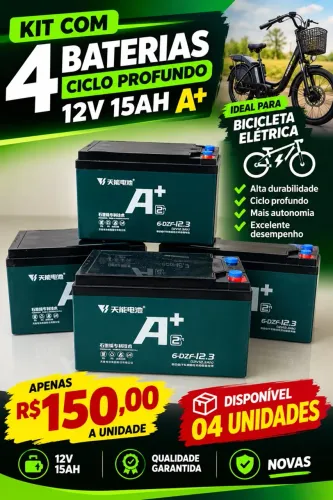 Kit 4 Bateria Ciclo Profundo 12v 15ah, Bicicleta Elétrica