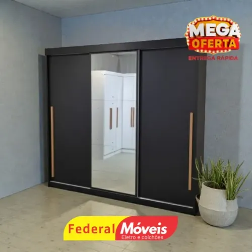 Guarda Roupa All Black c/ Espelho 3 Portas 6 Gavetas TEMOS CREDÁRIO