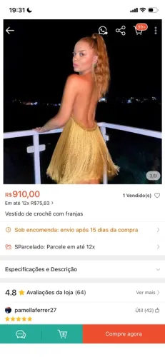 Vestido luxo feito a mão crochê semi novo !
