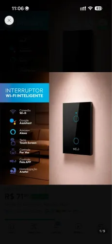 Interruptor Inteligente Smart Wi-Fi Alexa google 2 Botões Preto