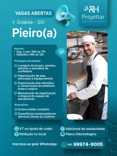 Vaga de Emprego para Auxiliar de Serviços Gerais - Pia em Goiânia - GO