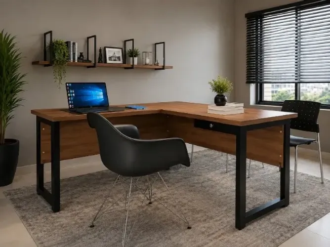 Mesa de Escritório Delluxe. Em Madeira Maciça: L136cm x P136cm x A74cm