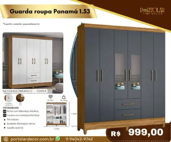 Guarda Roupa Panamá 1.53, a pronta entrega