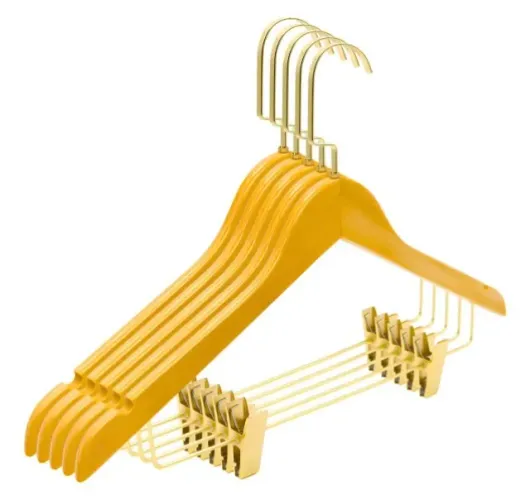 Kit 10 Cabides Madeira Marfim com Presilha Dourado Gancho Giratório - 44,5 x 29 x 1,5cm