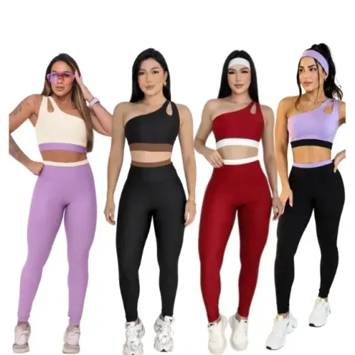 Conjunto Academia Calça e Top Bicolor Fitness Academia Feminina Suplex Premium Zero Transp