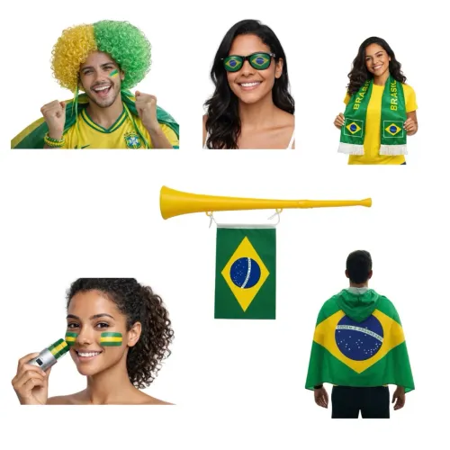 Kit Torcida Brasil Com Bandeira Vestir Peruca Óculos Cachecol Vuvuzela Tinta Facial