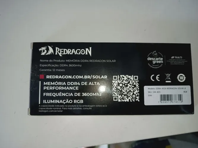 Memória ram ddr4 redragon solar 8gb