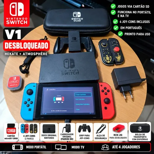 NINTENDO SWITCH V1 DESBLOQUEADO - KIT COMPLETO 128GB + 4 JOY-CONS