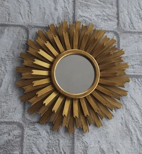 Espelho vintage em formato de sol na cor dourado envelhecido 26cm diâmetro