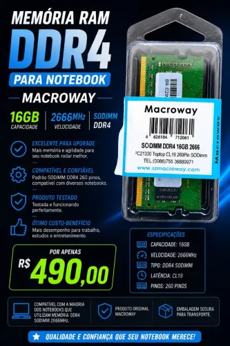 Memória RAM Notebook 16GB DDR4 2666MHz Macroway - Nova
