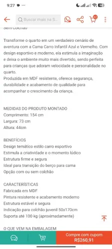 Cama infantil carro com colchão incluso 