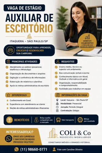 VAGA DE ESTÁGIO - AUXILIAR DE ESCRITÓRIO | ITAQUERA - SP